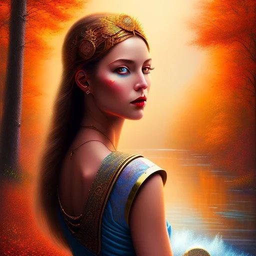 spray painted fantasy art, book illustration,portrait of priestess by a dam ,autumn water, colorful, evening