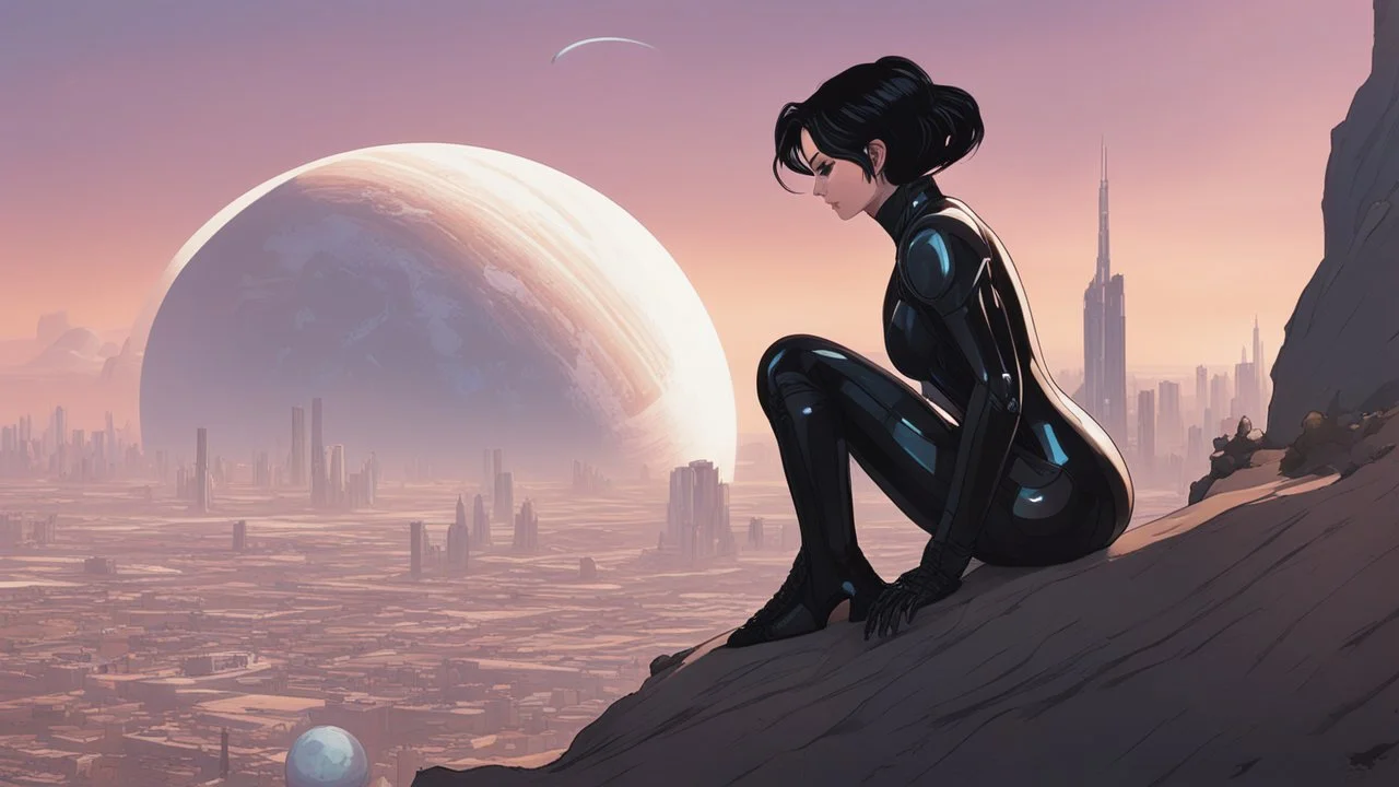 A white woman with black hair, in an android-looking catsuit, sitting on a rock, sideways, with Saturn planet behind her, filling most of the sky, a futuristic city on the horizon, evening sunlight