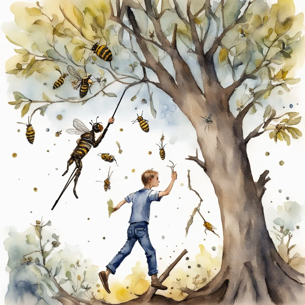 Watercolor and ink illustration, young short man holding a rake high over his head reaching up to a paper wasp nest in the branch of a tree, a few small wasps circling nest, bad idea, artistic, oddball masterpiece, sfumato, complex contrast, dynamic composition