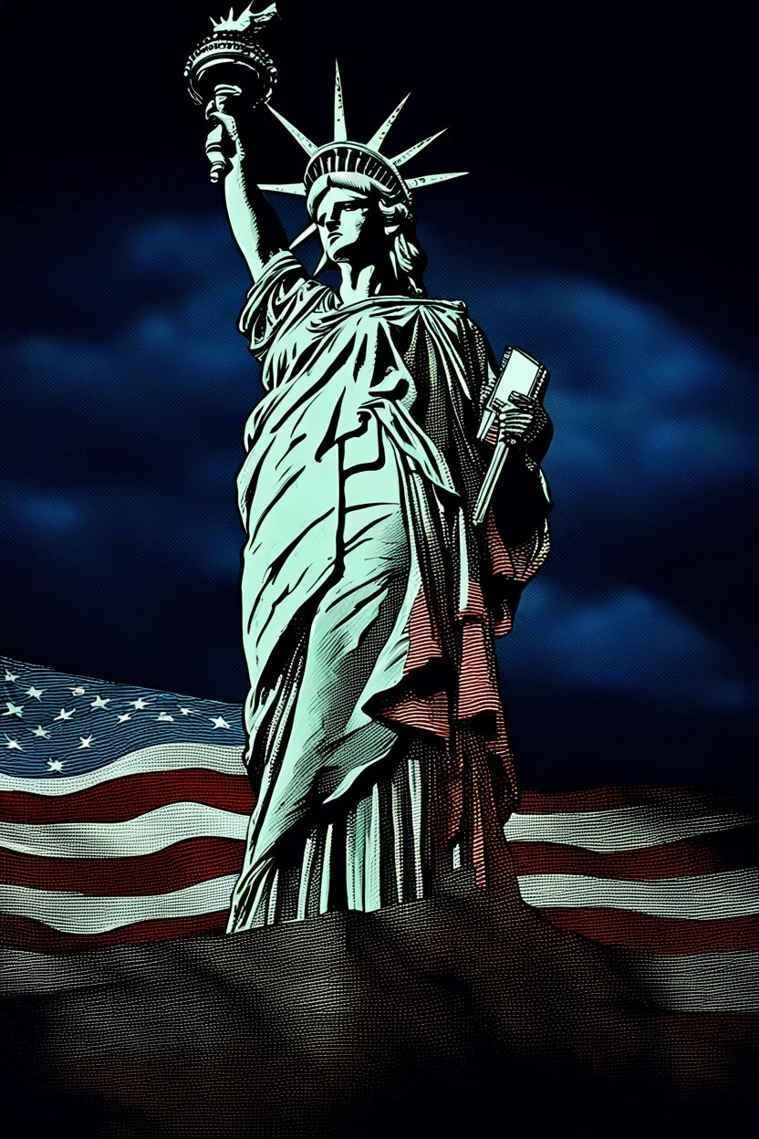 the statue of liberty, dress dirty and torn, her face solemn and terse, trash littered at her feet, she holds a crumpled american flag as she walks away, back to the viewer, under a dark and dreary sky
