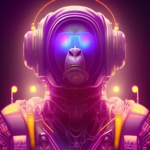 A beautiful portrait of a cyborg monkey purple neon color scheme, high key lighting, volumetric light high details psychedelic background