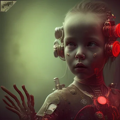 a little girl as a cyborg and a lot of red liquid, steam punk, scary, horror, realistic, made in octane, cinematic, ultra-realistic, extremely detailed octane rendering, 8K, VRAY Super Real ar 2:3, dof photorealistic futuristic 50mm lens hard lighting dark gray tintype photograph, realistic lighting, sephia colors