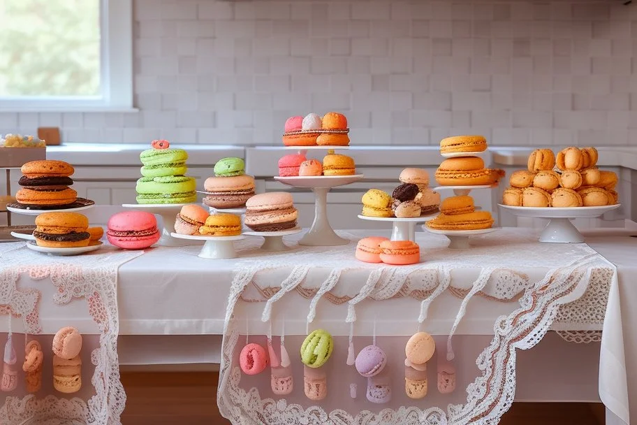 amigurumi desserts, cookies and macarons on lace tablecloth in a modern kitchen in sunshine