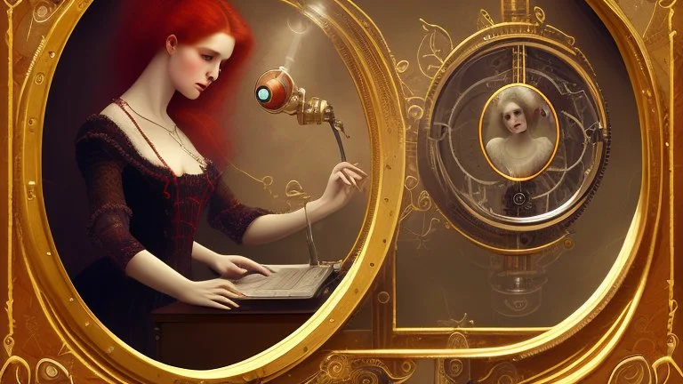 Victorian red long hair woman leaning over a desk, working on a tiny clockwork machine, while looking through a magnifying glass, in a dark laboratory, full of devices and machines