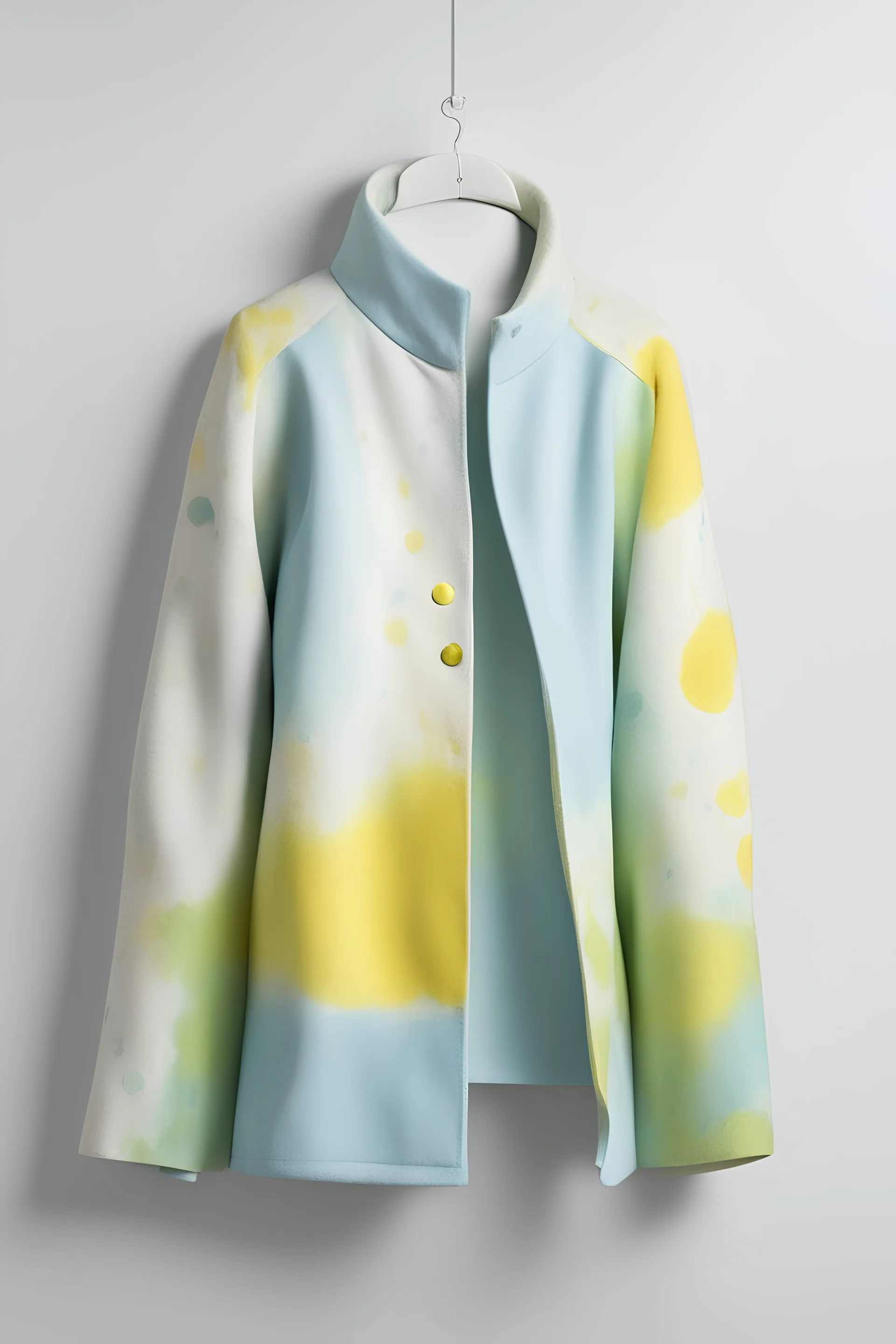 white background, trapeze jacket, mix of cotton and light wool, tempera effect, spots of color between pastel tones of sky blue, pistachio green, bright yellow and ash gray