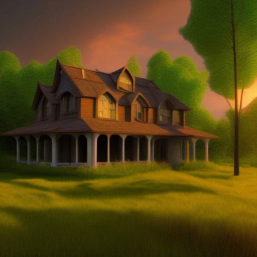 house, green meadow, sunset, photorealistic, 8k