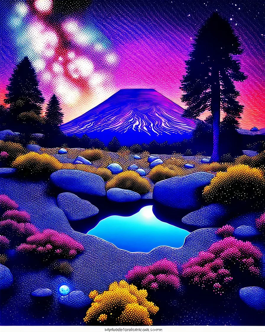 Hyperrealistic, colorful, peaceful landscape, Polaroid photo, night sky filled with galaxies, planets and stars, rocks, trees, flowers, sharp focus, 8k, deep 3d field