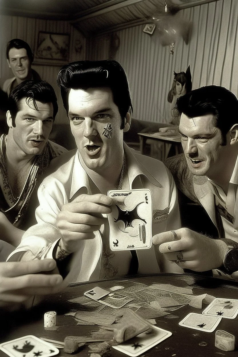 Elvis, Jordan and some friends smoking and playing cards, davinci. Surreal. Agony face, smile, pain scream. Fish eye lense camera. Perfect composition.