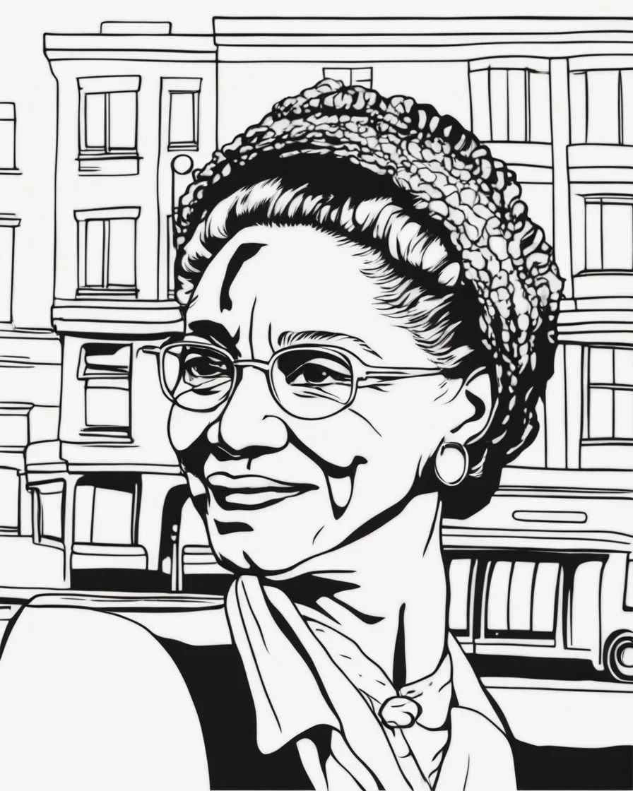 Outline art for coloring pages with Rosa Parks, white background, sketch style, only use black outline, white background, no shadows and well and clear outline