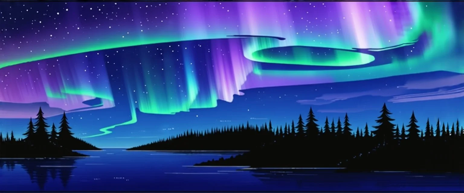 northern lights on the top right and left with a thin section joining then through the middle. below are trees and water. whimsical hand drawn style. line and smooth color