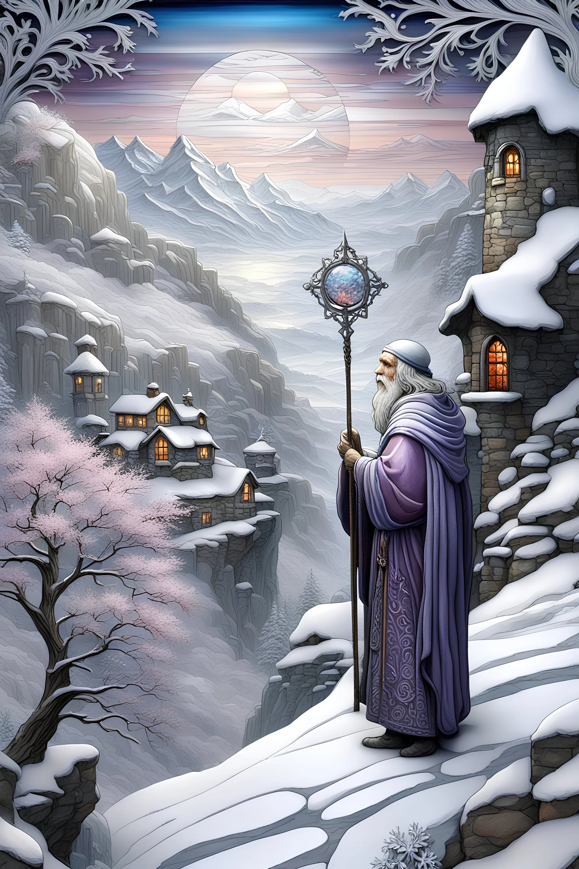 3D embossed textured ethereal image; bleak, dismal style, winter hues, white, ice-blue, purple, peach, pink, silver, grey; hermit with a highly detailed, wizened old face and an ornate staff stands on a steep, snowy cliff gazing across a cold valley at a faraway village; stained glass, agate with silver foil highlights, snowflakes, sparkles, full moon, nebula sky, stars, pearls, skulls, sequins, cut gemstones, beads, glitter, crystals, smooth, extreme attention to detail