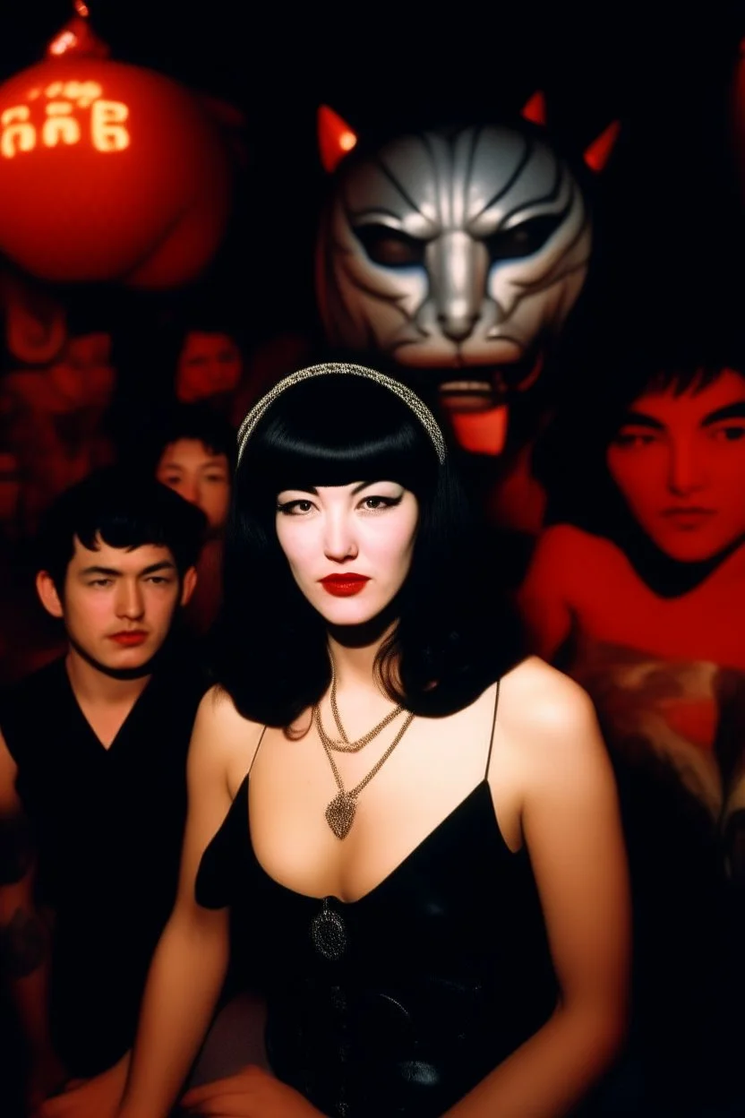 Betty Page and some demonds. art from japanese style 1980 movie. Heavy metal arcade. perfect lighting, leica summicron 35mm f2.0, kodak portra 400, film grain. hangover post party, wasted, closeup and mist, face melting.