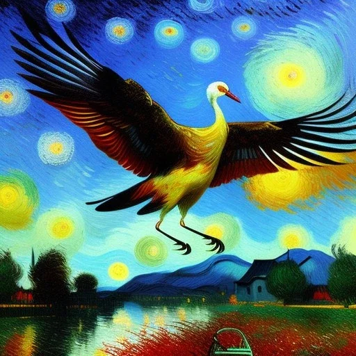 Dibujo al oleo de un pajaro Grulla pintada con muchas nubes de colores estilo Vincent van Gogh 8k