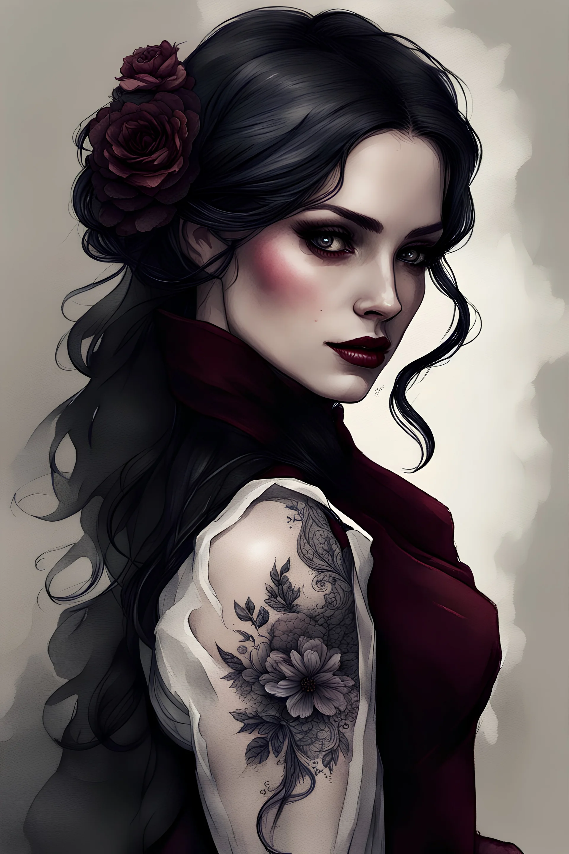 watercolor gothic girl of the Victorian era, white skin, beautiful wavy long black hair, burgundy Victorian dress with an open back, tattoos on the back, Trending on Artstation, {creative commons}, fanart, AIart, {Woolitize}, by Charlie Bowater, Illustration, Color Grading, Filmic, Nikon D750, Brenizer Method, Side-View, Perspective, Depth of Field, Field of View, F/2.8, Lens Flare, Tonal Colors, 8K, Full-HD, ProPhoto RGB, Perfectionism, Rim Lighting, Natural Lighting, Soft Lighting, Accent Ligh