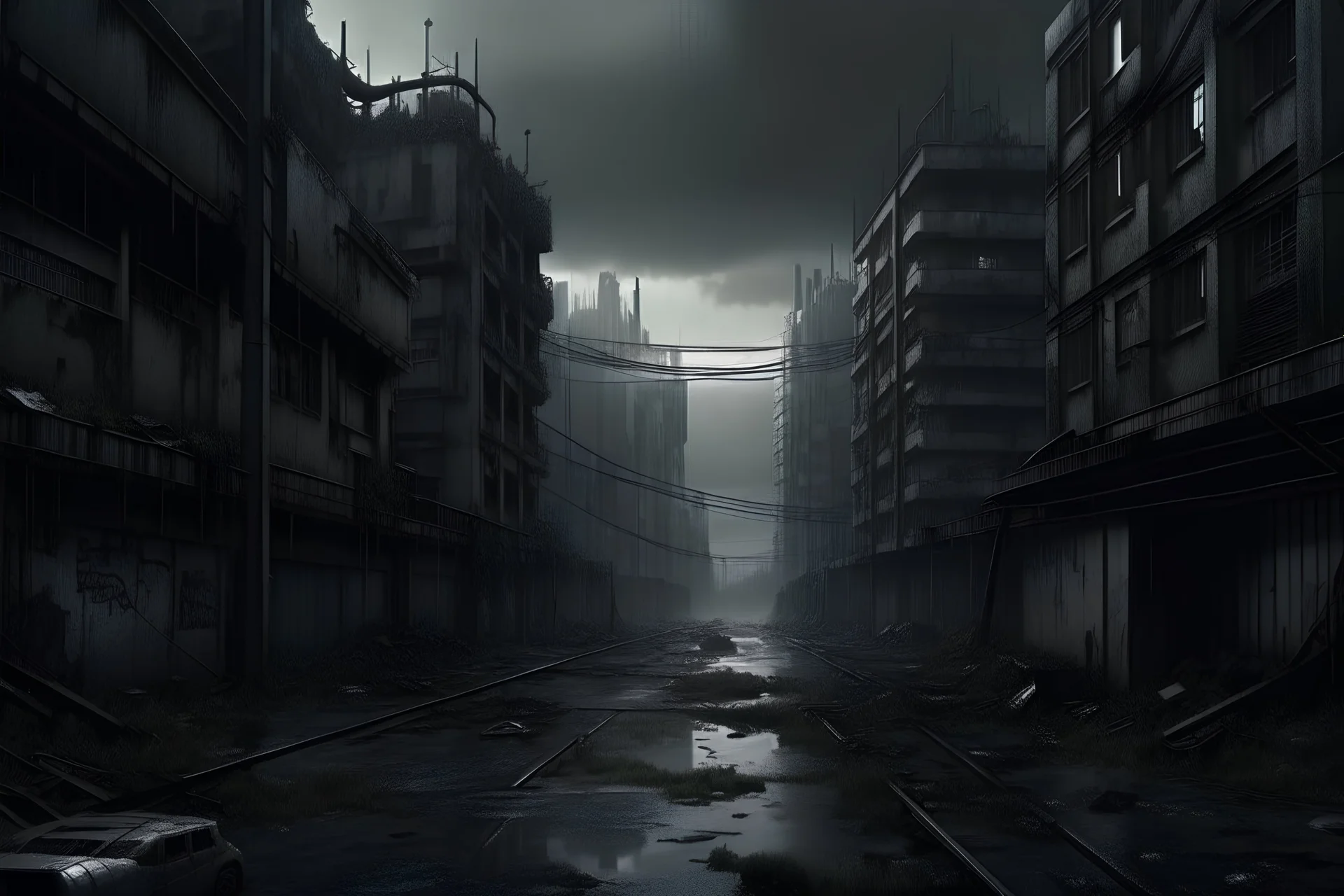 paysage futuriste, très dark, très triste et très désolé, très sale, futur apocalyptique, batiments délabré dans une ville, une route au mieu, hd, 4k, très épuré, très intriqué, rendu octane