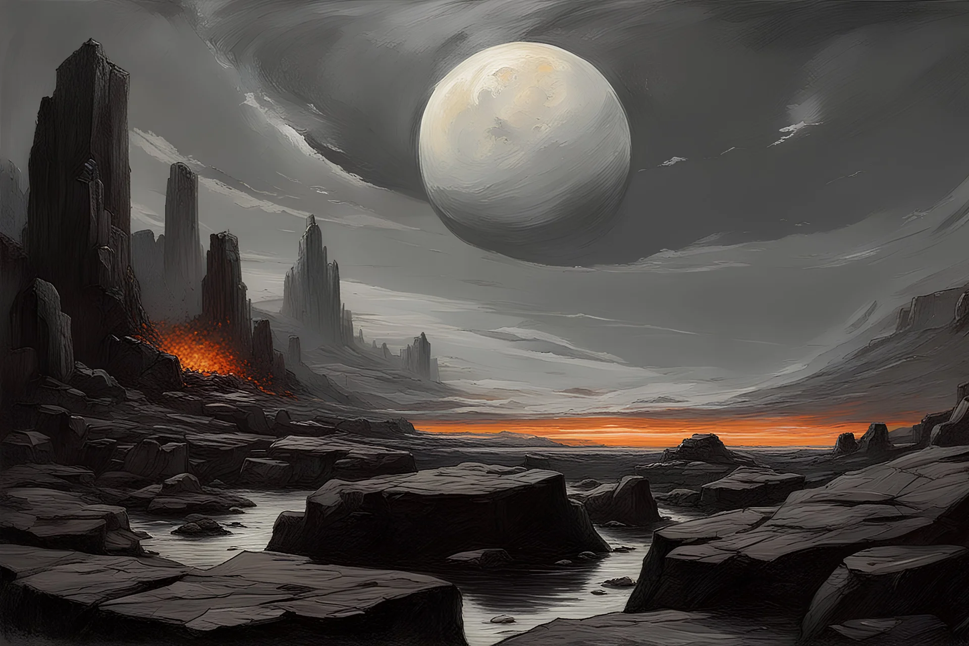 Dark grey sky, planet in the sky, rocks, sci-fi, mountains, ludwig dettman and rodolphe wytsman impressionism paintings