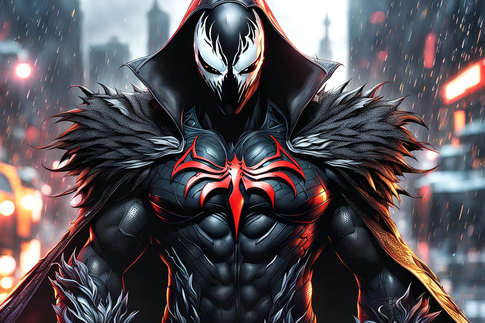 Spawn in 8k cgi game drawing style, venom them, close picture, rain, neon, intricate details, highly detailed, high details, detailed portrait, masterpiece,ultra detailed, ultra quality