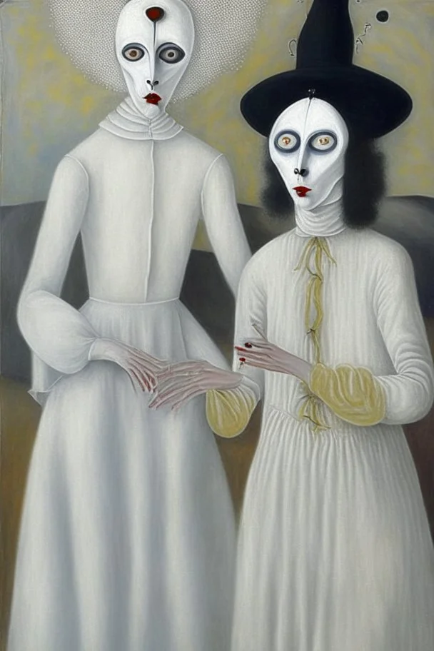 A surreal portrait of a mime painted white in white clothes by artist "Loredana Lollipop" and "Leonora Carrington"