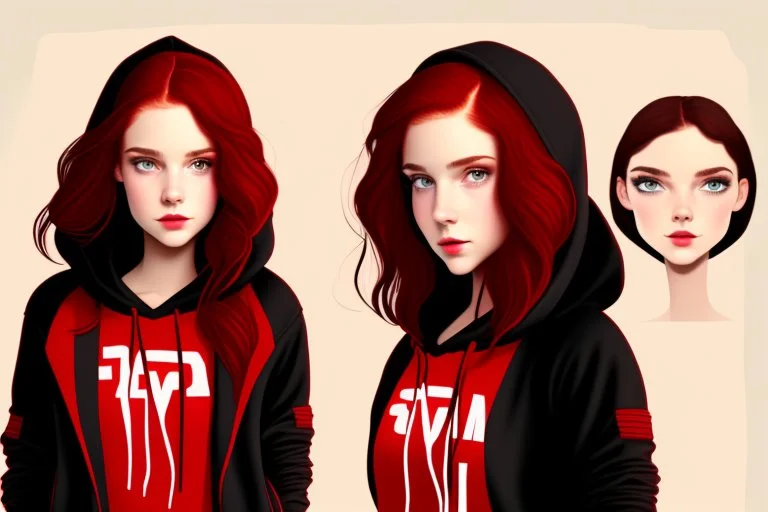 A sassy beautiful young woman with dark brown eyes and shoulder length red hair wearing a black hoodie. Realistic.