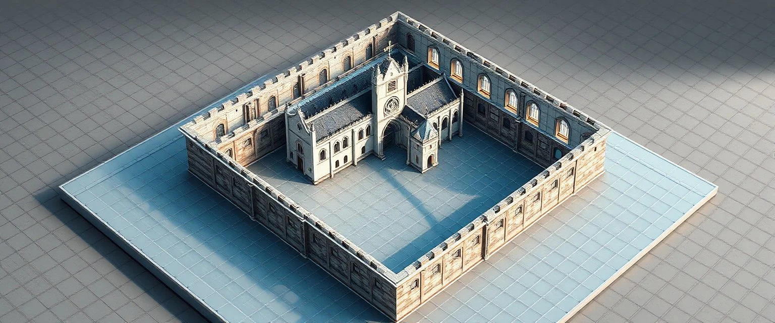 see through isometric plan of castle church labyrinth yard with transparent walls and grid on floor for tactical planning