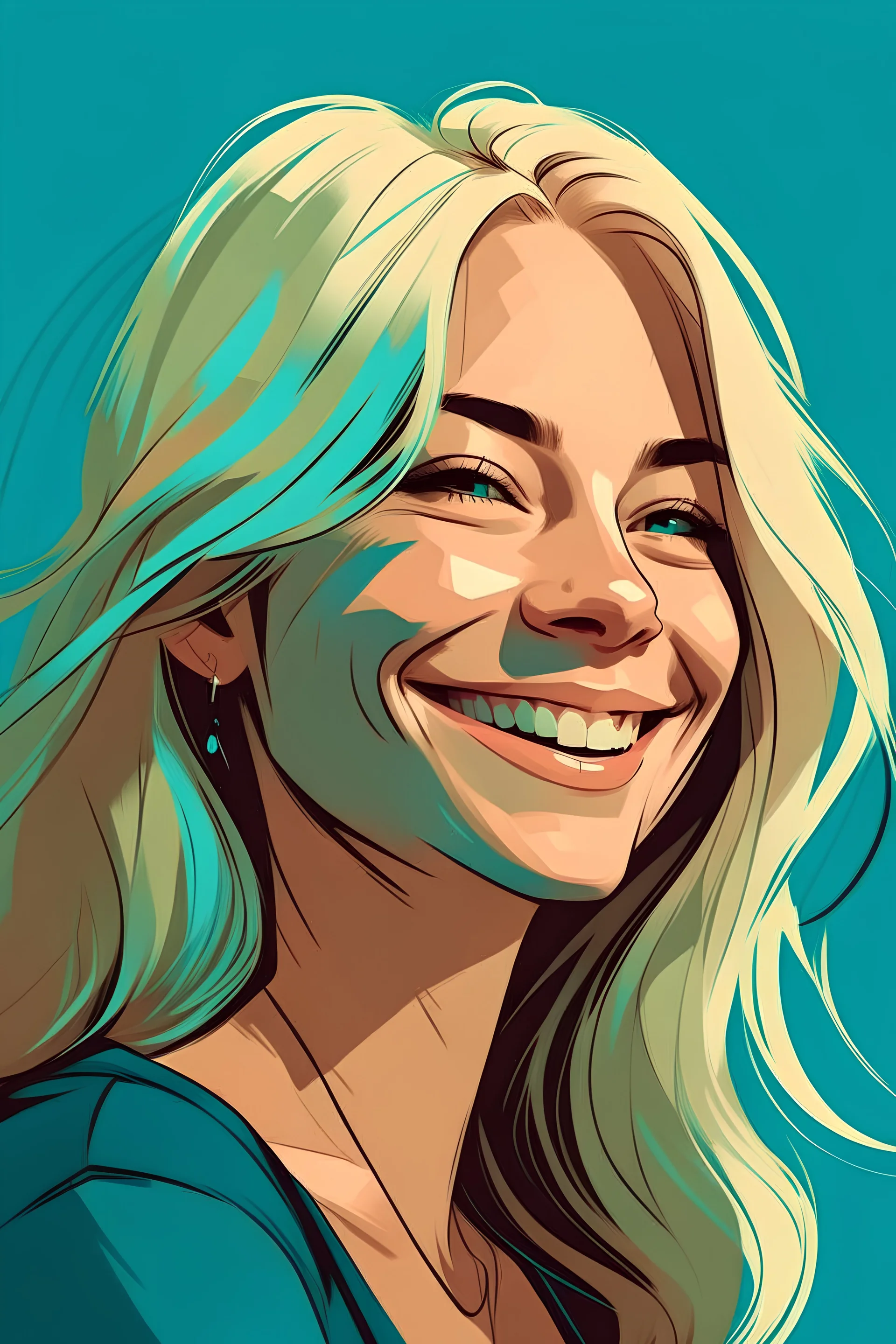 (Highly detailed full face portrait of stunningly beautiful woman, long blonde hair, Atey Ghailan, by Loish, by Bryan Lee O'Malley, by Cliff Chiang) AND (smiling, happy expression)