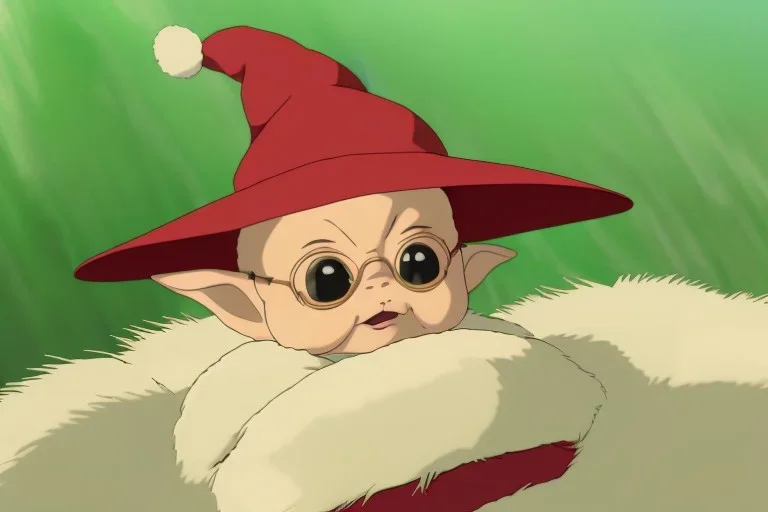 baby yoda wearing a red christmas hat & sunglasses