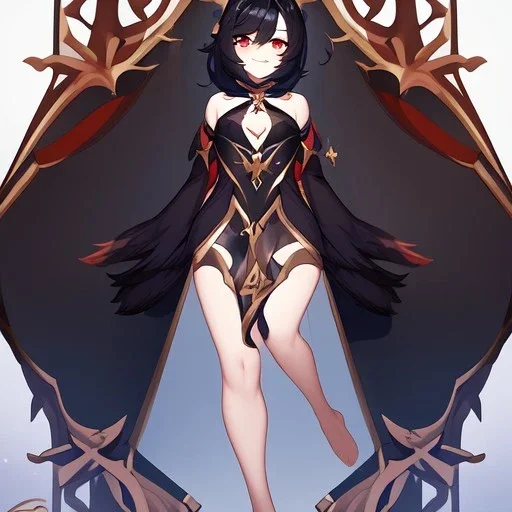 Clear focus,High resolution, black short fluffy hair, long fluffy bangs, and red eyes, Depressed girl, wearing a genshin impact outfit,slight revealing outfit, Smug smile, half closed eyes, smile, full body, Extreme close up, smiling, eyes close