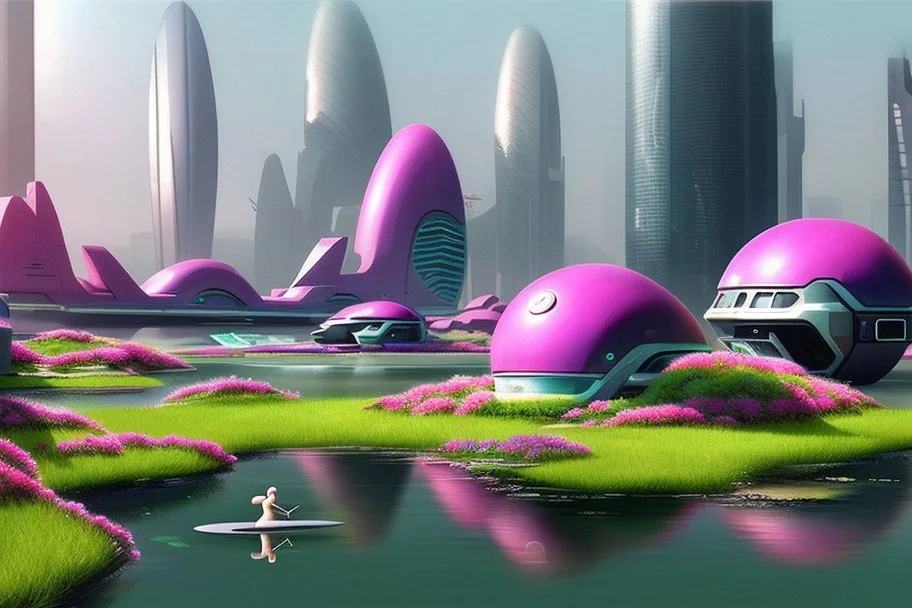 Futuristic city, people, pond, flowers, sci-fi