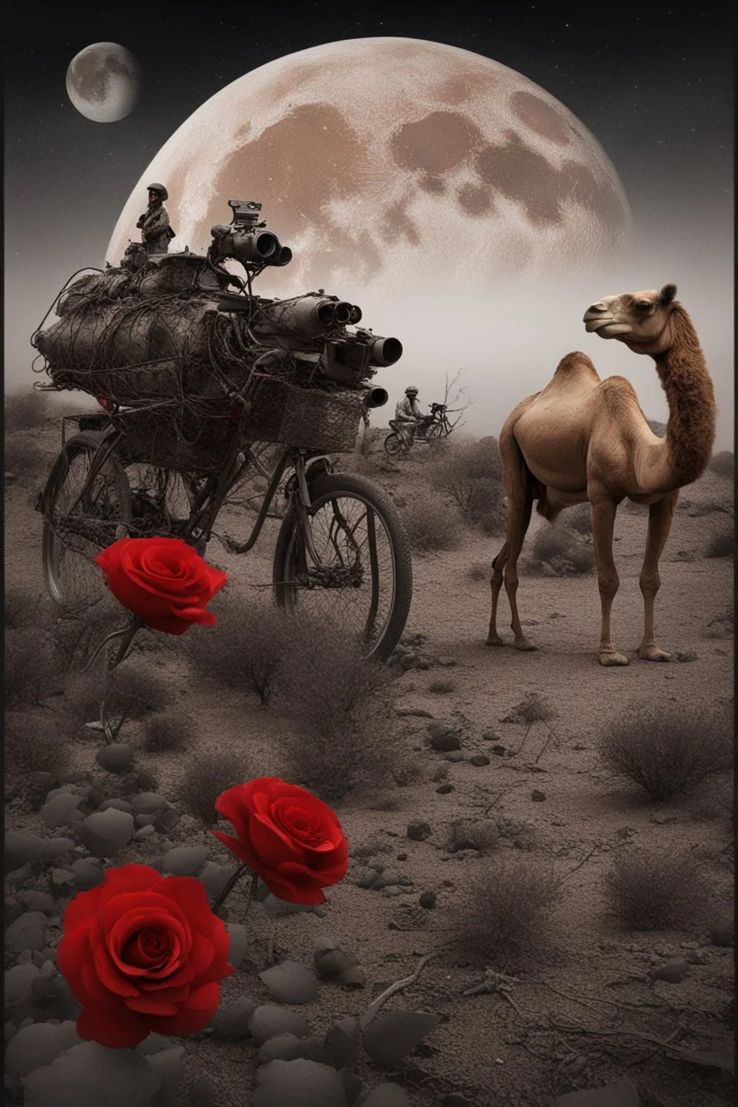 A weird abstract image of an oasis, a camel, astronot, broken bicycle, bush of black old roses, clear skies with red moon, army tanker, weird, chaos80, surrealism