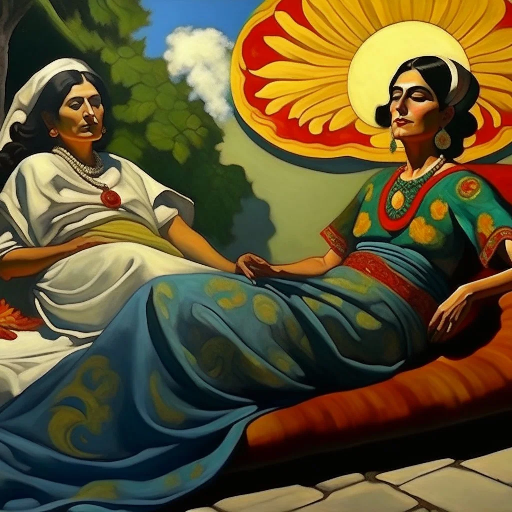 2 mexican woman smoking painting lying down neoclassism whole body zoom the sun