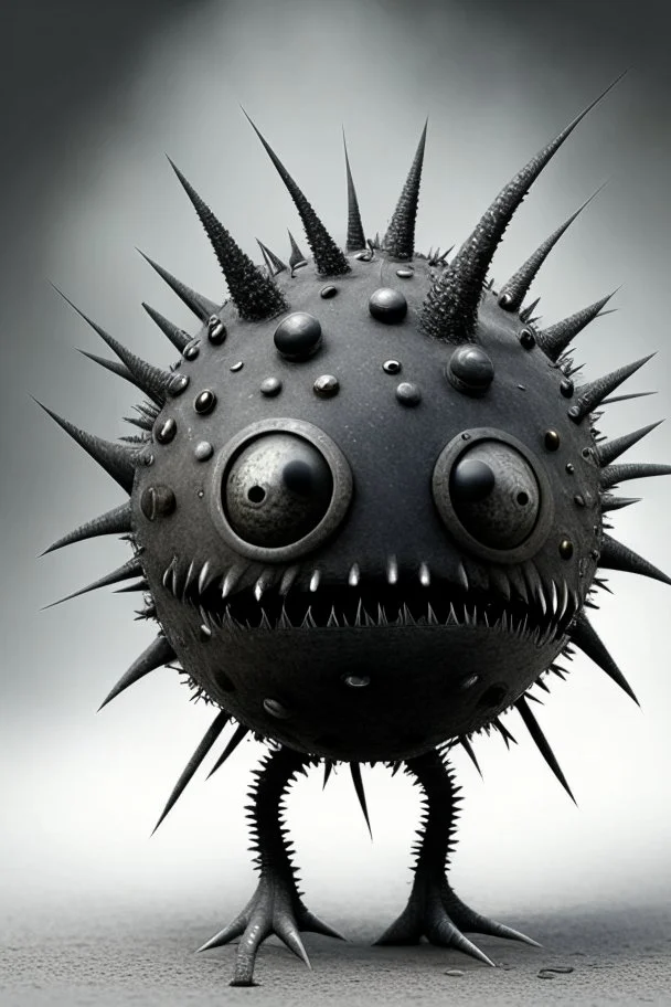 Solid spherical creature, four black eyes, very small smiling mouth, lighting body, The creature is gray iron, without dots, without thorns, wearing worrier shoes, full body, smoke from the head, high details, stunning realistic photograph