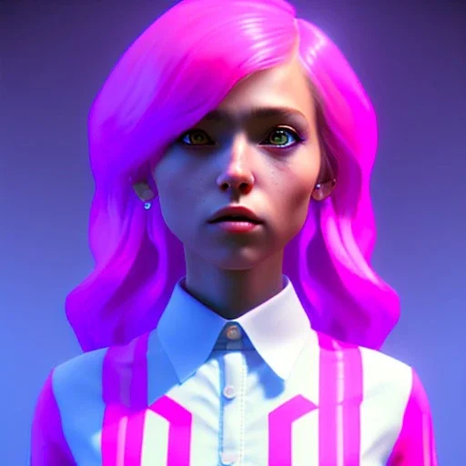 waitress rock teenager, rounded face, pink hair, color cheeks, striped shirt, color ambient light, vibrant color, highly detailed, art stations, concept art, smooth, 16 bit, unreal engine 5, god rays, ray tracing, RTX, lumen lighting, ultra detail, volumetric lighting, 3d, finely drawn, high definition, high resolution.