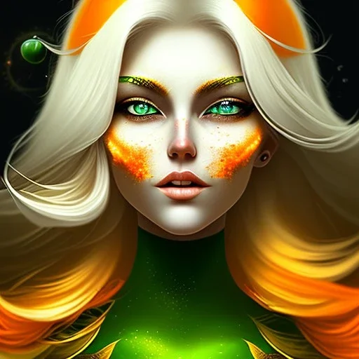 fantasy setting, woman, orange and white hair, wavy hair, freckles, ranger, more orange hair, more white hair, more white hair locks, green eyes