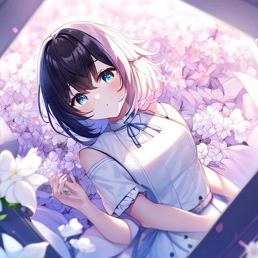 Clear focus,High resolution, Black short fluffy hair, and blue eyes, wearing a light pink short skirt with a white flower pattern near the bottom, Wearing light pink cut sleeves that have white long flaps under it with a flower pattern near the end, wearing a white collar