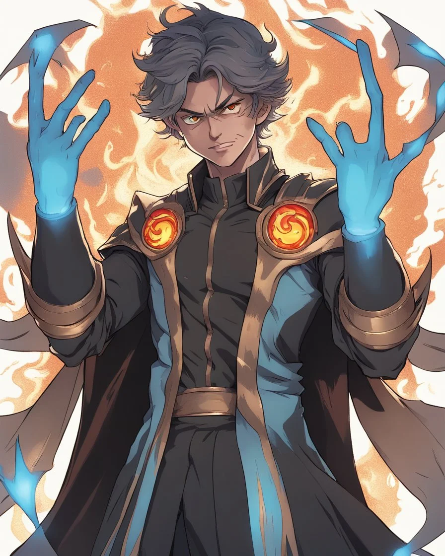 A 25 years boy persian in matte black robes with flaming eyes with grin with flaming light blue pupils stands atop a squire Two infinity gauntlets contain six infinity stones, one of which is made with nano In the hands of a powerful man walking While standing on a majestic height from afar With two big wings