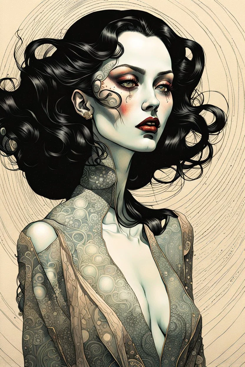 create a highly ethereal, darkly magical surrealist full body illustration of a vampire girl, with highly detailed and deeply cut facial features, in the style of SALVADOR DALI, GUSTAV KLIMT, and KATHE KOLLWITZ combined with the comic art style of BILL SIENKIEWICZ and JEAN GIRAUD MOEBIUS, searing lines and forceful strokes, precisely drawn, inked, and darkly colored