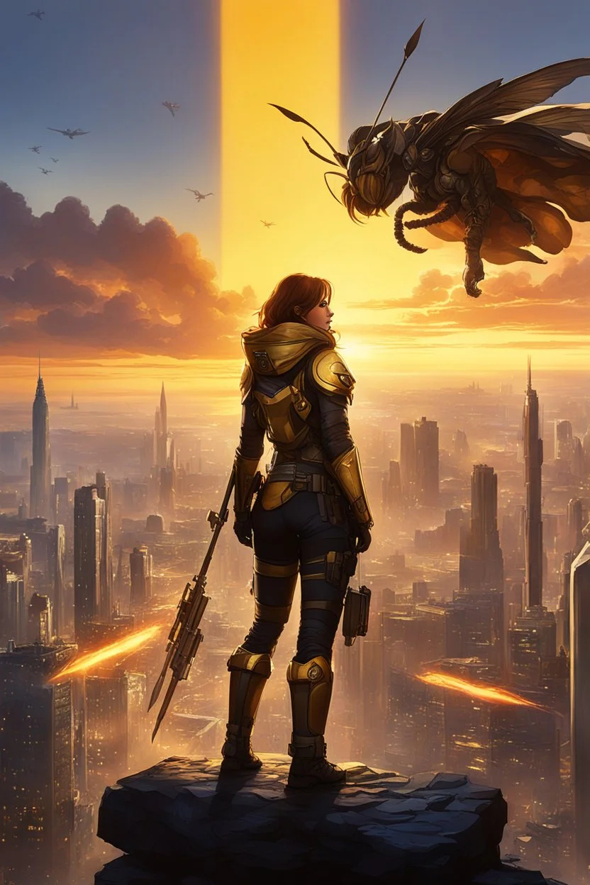 As the sun begins to set, casting a warm golden hue across the horizon, Captain Aurora Mitchell gathers her team atop the walls of Tube City. They stand shoulder to shoulder, their gazes directed towards the vast expanse beyond the city's protective barriers. To their astonishment, the giant insects that had pursued them relentlessly are still present, their menacing forms silhouetted against the fading light. Captain Mitchell's expression remains resolute, her voice steady as she addresses her