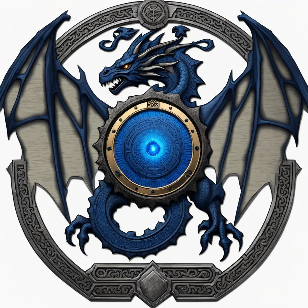 simple dwarven engraved mechanical cog, coat of arms with wingless dragon wrapped around the border, material azurite crystal and black steel