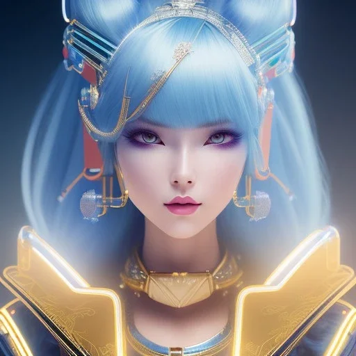 Cyborg geisha, light blue hair, messy hairstyle, pierced ears, oversize latex coat, neon lights, golden eyes, waist up portrait, 8k resolution, intricate details, ornate details, soft lighting, vibrant colors, masterpiece, intricate eyeliner, dark eyeshadow, eyes, intricate tattoos, gradient color background