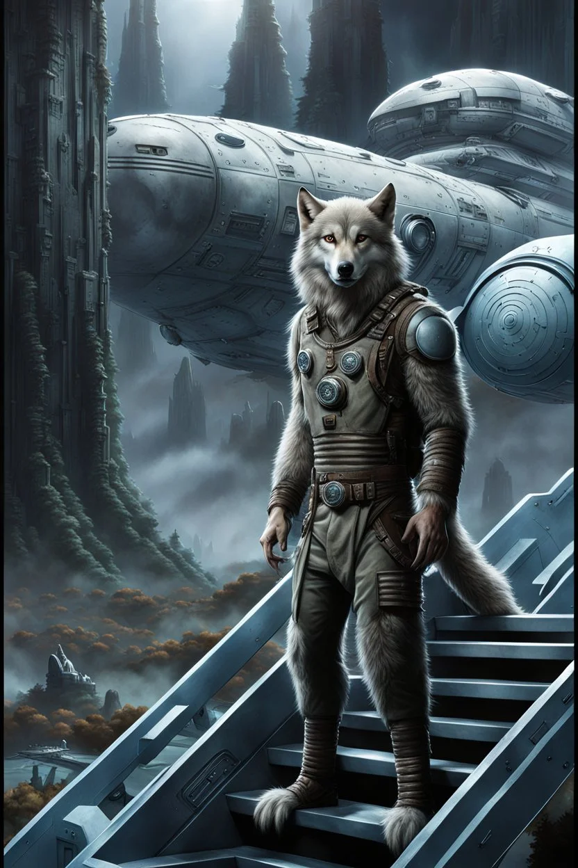 front an anthropomorphic big hairy wolf-man standing on spaceship's ramp on alien land and looking at the camera, around big white-blue fog and the spaceship's ruins . His gaze is directed towards the rain-soaked landscape, which is filled with towering trees with massive trunks. In background back him the spaceship and big fog. The atmosphere is a seamless blend of sci-fi and dark fantasy mood