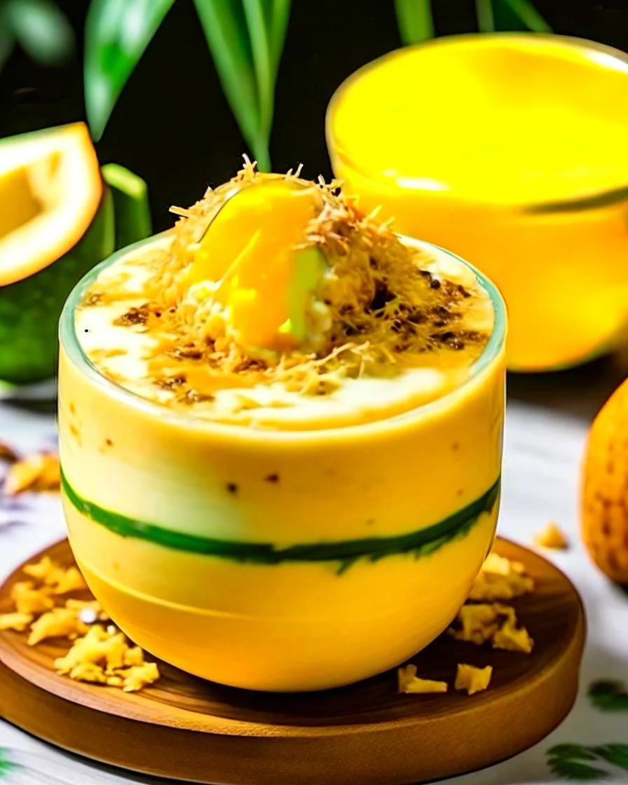 An interesting and visually descriptive boba drink, with a base of creamy coconut milk tea, topped with a layer of fresh mango puree and a sprinkle of toasted coconut flakes, served in a coconut shell for an added tropical touch.