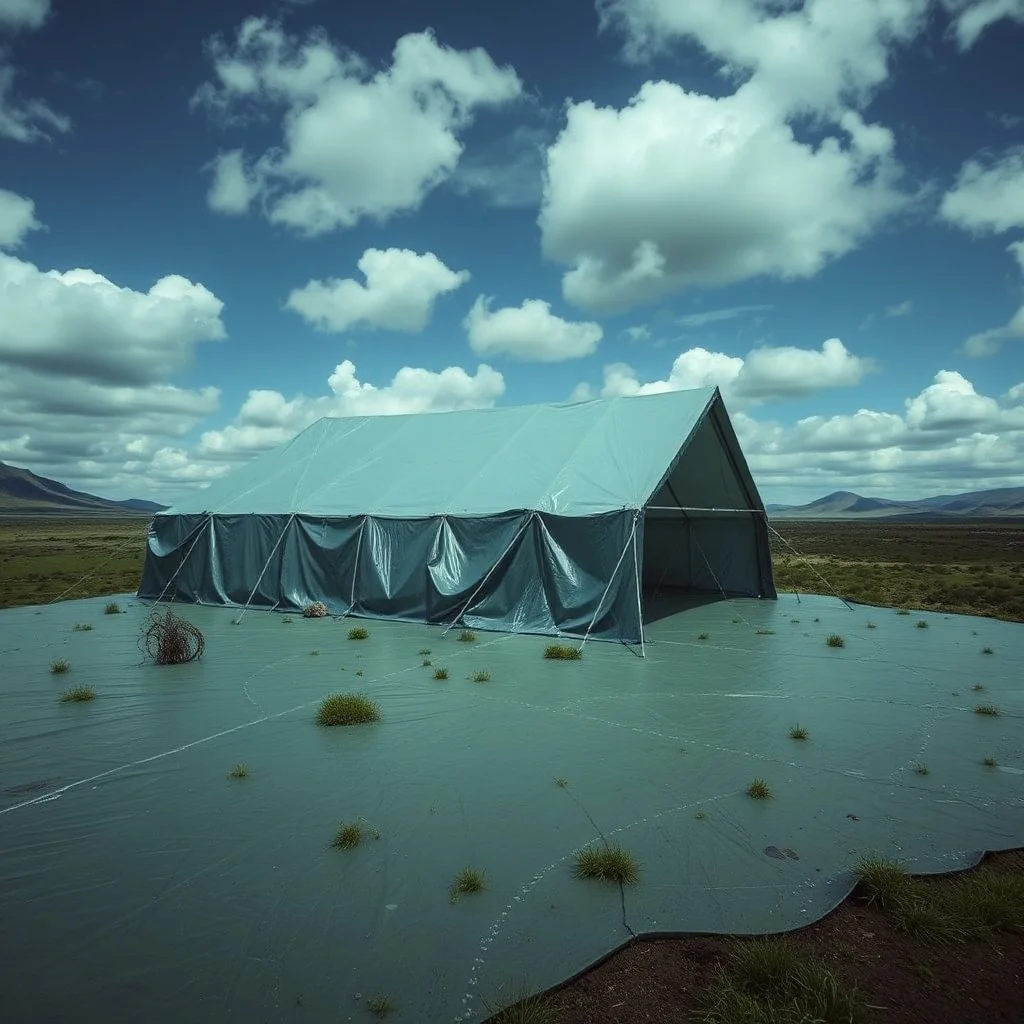 Odd metaphysical installation, terraforming, plastic tarpaulin, obscure, hyperrealistic photography
