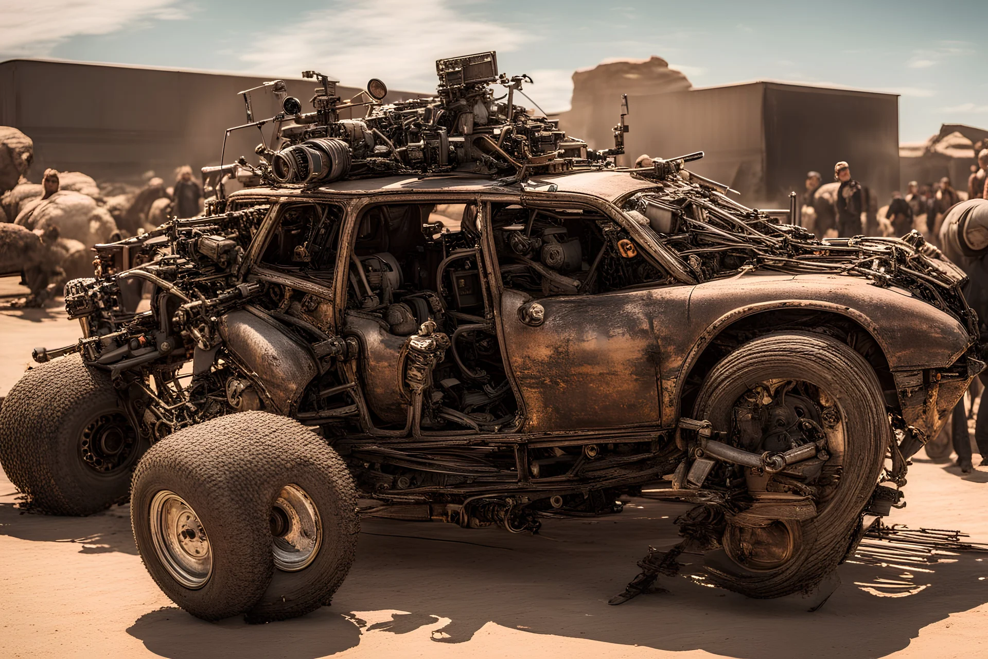 extrem realistische filmszene: aus Schrott und anderen Teilen zusammengebautes Fahrzeug im MAD Max style mit fahrer. bewaffnet. Canon EOS 5D Mark