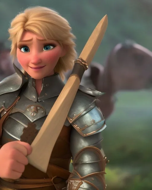 strong medieval warrior with short blond hair, blue eyes and wide warm smile with an axe with green and brown clothes