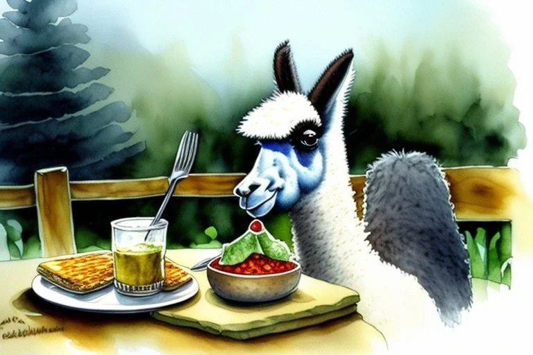 Cute llama is having breakfast. Aquarell