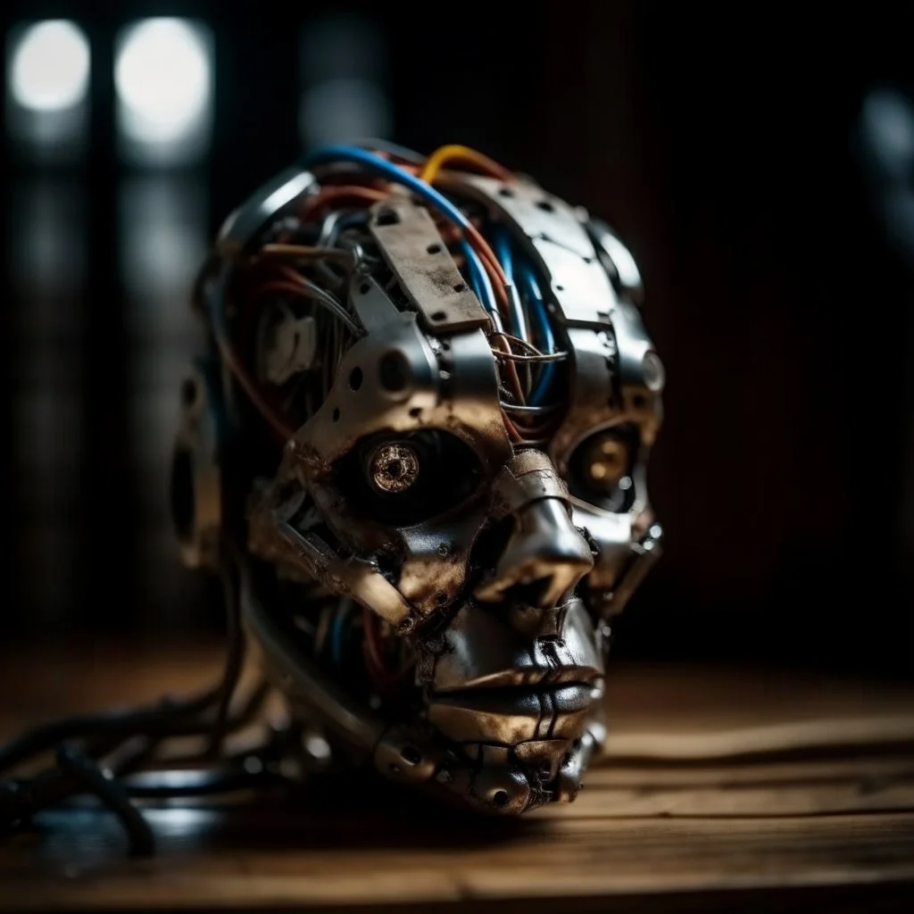 half destroyed robot head lying on a wooden surface, silver face parts, rgb lights rugged face, strings and metal pieces sticking, inner machinery look, oil leak, cinematic macro shot,