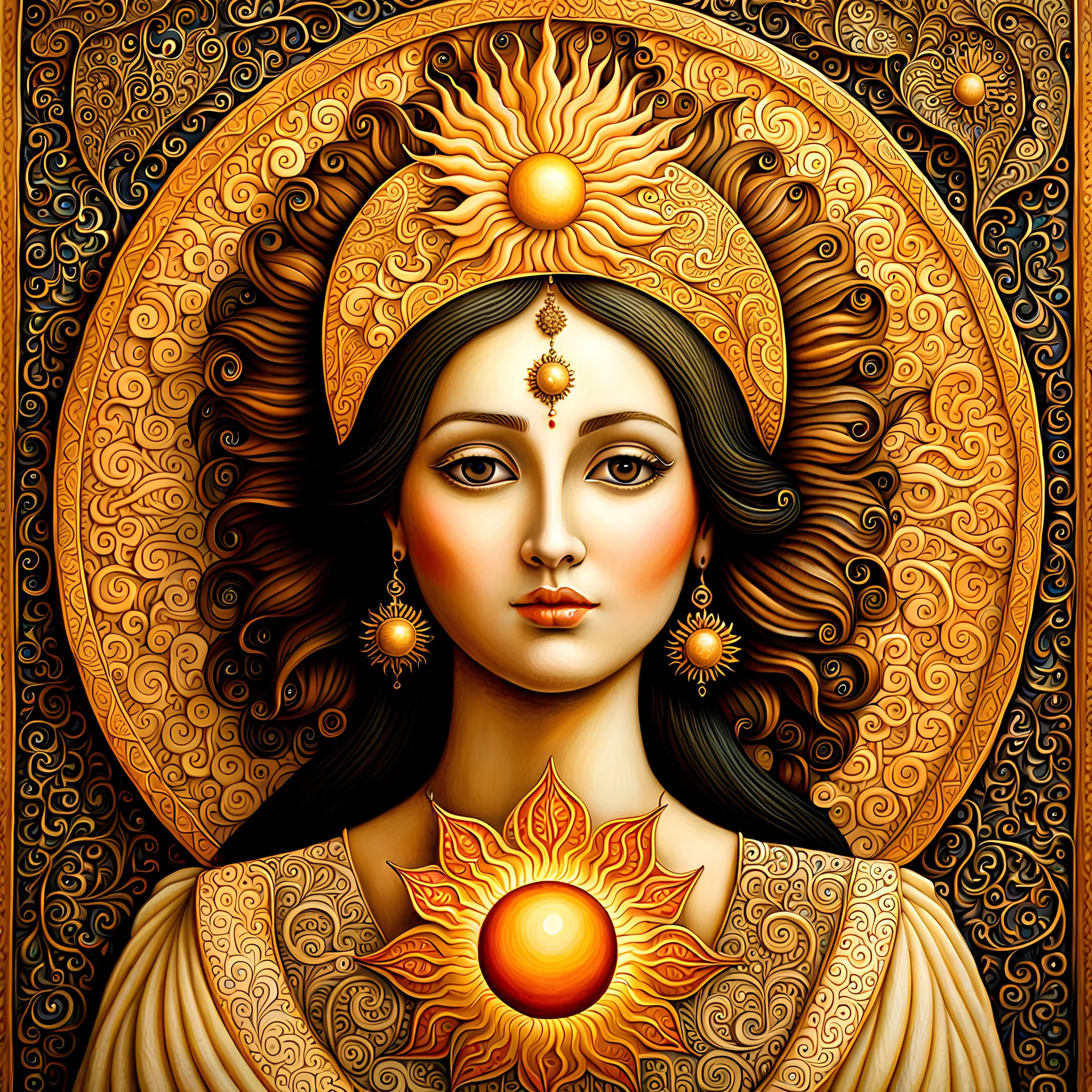 painting of a woman holding a sun, a detailed painting by Maryam Hashemi, deviantart, qajar art, naoto hattori, detailed wood carving, wood carving