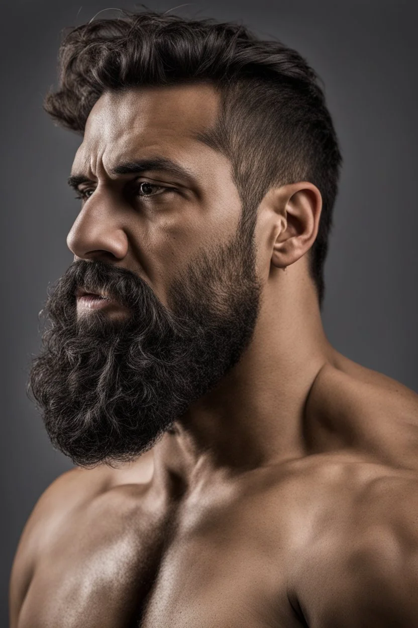 half figure shot photography of a burly ugly 30 year old italian boxer with big broken nose, very long muslim black beard, muscular beefy man shirtless, manly chest, big shoulders, short hair, bulge, photorealistic