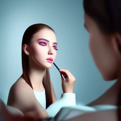 a beautiful teenager putting on makeup , dramatic, dramatic lighting, volumetric lighting, hyperrealism, 8k, high quality, photorealistic, lot of details