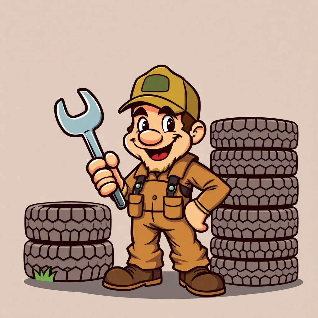 retro cartoon company mascot of a vehicle mechanic with a hint of forest ranger, holding a torque-wrench and next to a stack of tires